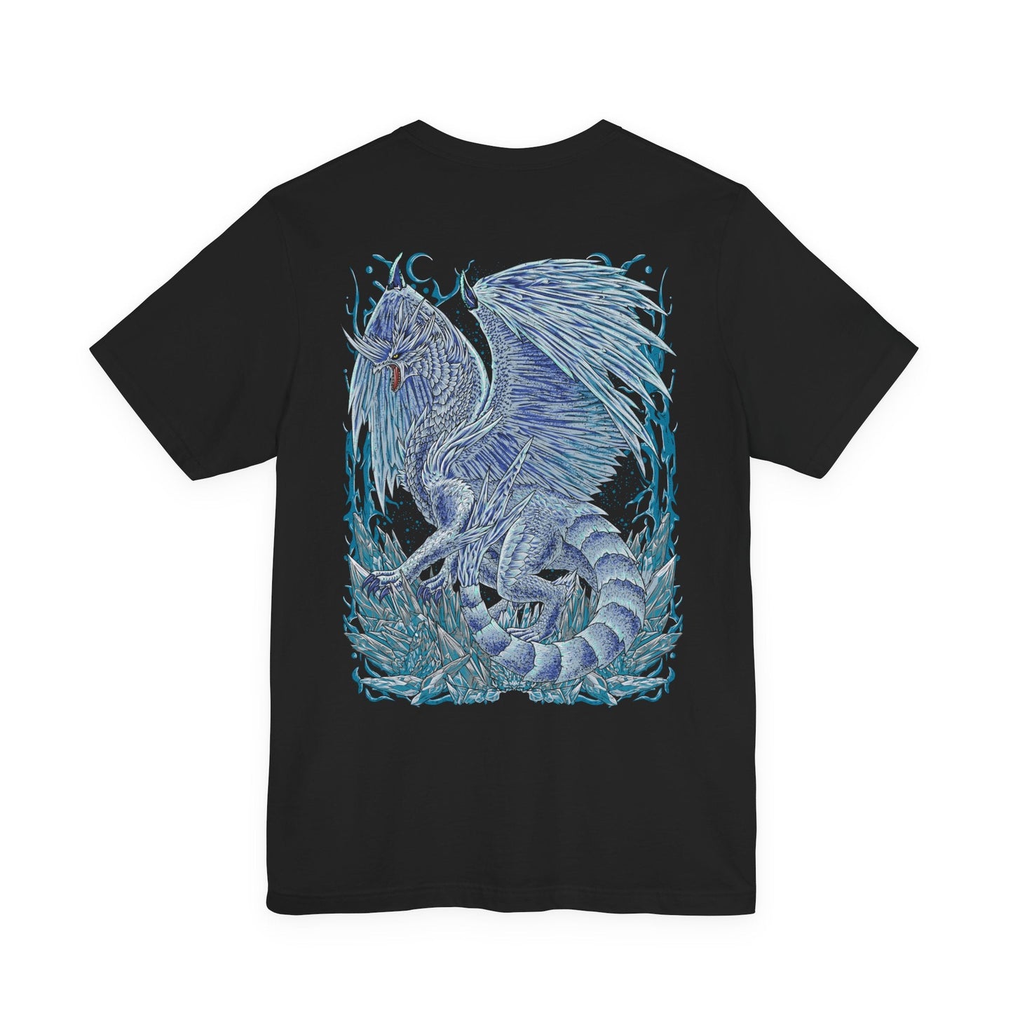 Image 5 of a T-Shirt artwork depicting Velkhana gliding through a blizzard, its long tail carving through the air as shards of ice form with every movement. Snowstorms swirl violently while its breath freezes the battlefield below. This design reflects the monster’s precision, grace, and overwhelming elemental mastery, embodying both elegance and lethal power in every motion.
