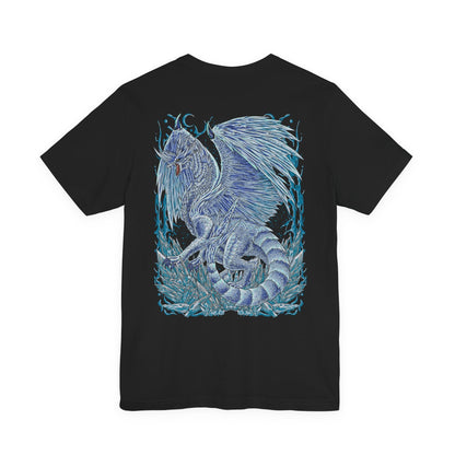Image 5 of a T-Shirt artwork depicting Velkhana gliding through a blizzard, its long tail carving through the air as shards of ice form with every movement. Snowstorms swirl violently while its breath freezes the battlefield below. This design reflects the monster’s precision, grace, and overwhelming elemental mastery, embodying both elegance and lethal power in every motion.