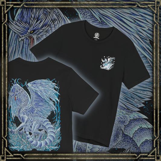 Thumbnail of a T-Shirt artwork depicting Velkhana gliding through a blizzard, its long tail carving through the air as shards of ice form with every movement. Snowstorms swirl violently while its breath freezes the battlefield below. This design reflects the monster’s precision, grace, and overwhelming elemental mastery, embodying both elegance and lethal power in every motion.