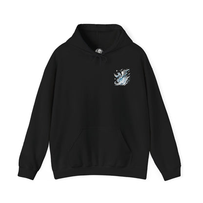 Image 4 of a Hooded Sweatshirt of Velkhana perched atop crystalline ice formations, its body shimmering with frost as the environment freezes around it. The sky darkens with snow and wind while its piercing gaze dominates the scene. The composition emphasizes cold dominance, elegance, and the terrifying calm of one of Monster Hunter’s most iconic ice-based Elder Dragons.