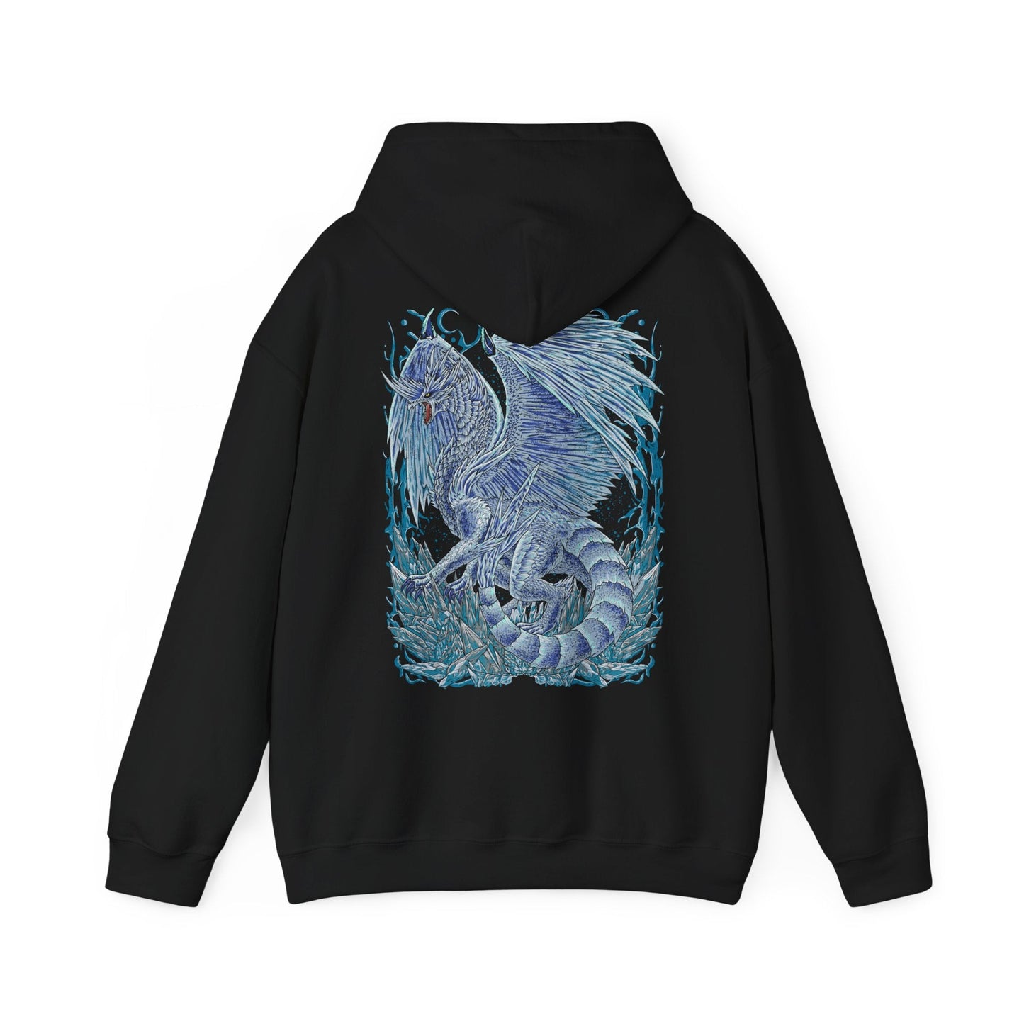 Image 5 of a Hooded Sweatshirt of Velkhana perched atop crystalline ice formations, its body shimmering with frost as the environment freezes around it. The sky darkens with snow and wind while its piercing gaze dominates the scene. The composition emphasizes cold dominance, elegance, and the terrifying calm of one of Monster Hunter’s most iconic ice-based Elder Dragons.