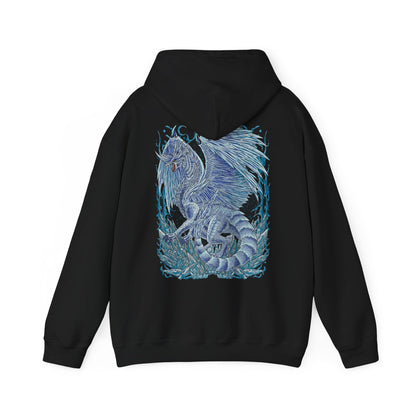 Image 5 of a Hooded Sweatshirt of Velkhana perched atop crystalline ice formations, its body shimmering with frost as the environment freezes around it. The sky darkens with snow and wind while its piercing gaze dominates the scene. The composition emphasizes cold dominance, elegance, and the terrifying calm of one of Monster Hunter’s most iconic ice-based Elder Dragons.