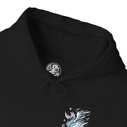 Folded Hooded Sweatshirt of Velkhana perched atop crystalline ice formations, its body shimmering with frost as the environment freezes around it. The sky darkens with snow and wind while its piercing gaze dominates the scene. The composition emphasizes cold dominance, elegance, and the terrifying calm of one of Monster Hunter’s most iconic ice-based Elder Dragons.
