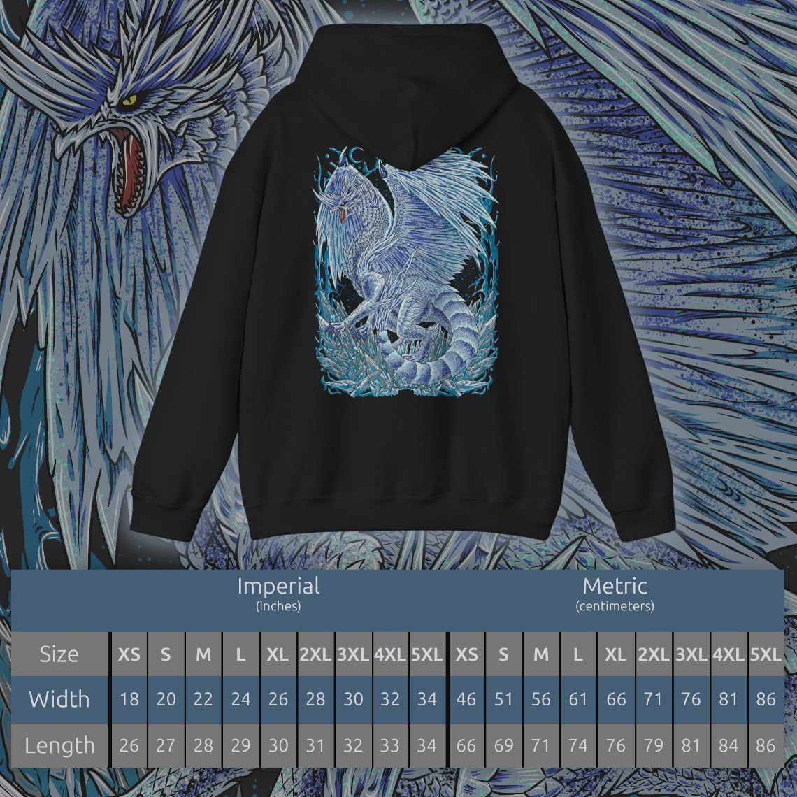 Size chart of a Hooded Sweatshirt of Velkhana perched atop crystalline ice formations, its body shimmering with frost as the environment freezes around it. The sky darkens with snow and wind while its piercing gaze dominates the scene. The composition emphasizes cold dominance, elegance, and the terrifying calm of one of Monster Hunter’s most iconic ice-based Elder Dragons.