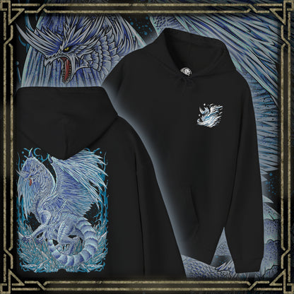 Thumbnail of a Hooded Sweatshirt of Velkhana perched atop crystalline ice formations, its body shimmering with frost as the environment freezes around it. The sky darkens with snow and wind while its piercing gaze dominates the scene. The composition emphasizes cold dominance, elegance, and the terrifying calm of one of Monster Hunter’s most iconic ice-based Elder Dragons.