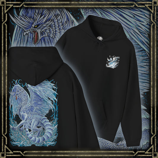 Thumbnail of a Hooded Sweatshirt of Velkhana perched atop crystalline ice formations, its body shimmering with frost as the environment freezes around it. The sky darkens with snow and wind while its piercing gaze dominates the scene. The composition emphasizes cold dominance, elegance, and the terrifying calm of one of Monster Hunter’s most iconic ice-based Elder Dragons.