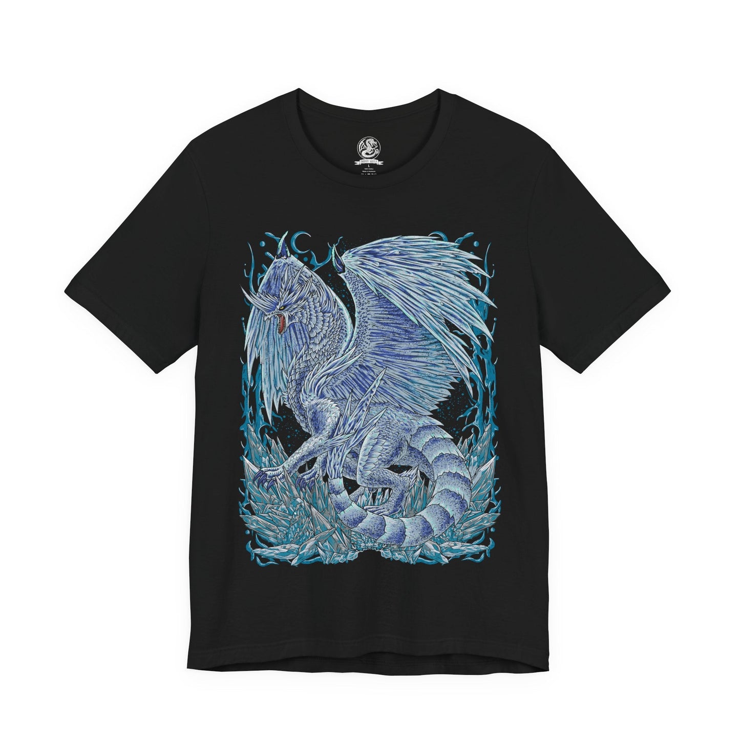 Image 4 of a T-Shirt design of Velkhana from Monster Hunter, the icy Elder Dragon standing amid a frozen battlefield as jagged ice pillars erupt around its elegant form. Frost crystals spread across the ground while cold mist trails from its wings. The design captures Velkhana’s regal presence, absolute control over ice, and the deadly beauty of a creature that turns entire landscapes into frozen domains.