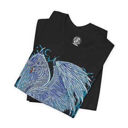 Image 5 of a T-Shirt design of Velkhana from Monster Hunter, the icy Elder Dragon standing amid a frozen battlefield as jagged ice pillars erupt around its elegant form. Frost crystals spread across the ground while cold mist trails from its wings. The design captures Velkhana’s regal presence, absolute control over ice, and the deadly beauty of a creature that turns entire landscapes into frozen domains.