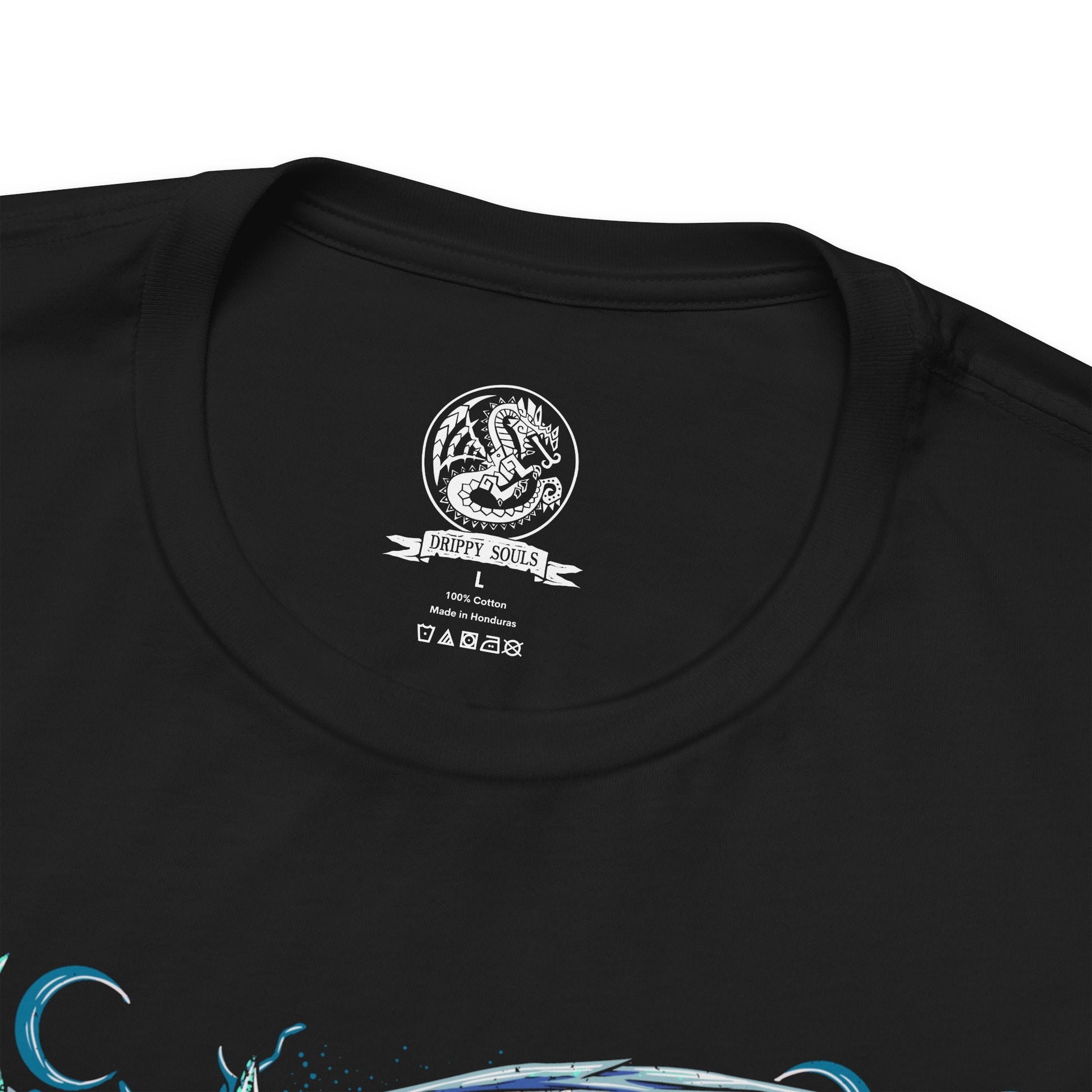 Folded T-Shirt design of Velkhana from Monster Hunter, the icy Elder Dragon standing amid a frozen battlefield as jagged ice pillars erupt around its elegant form. Frost crystals spread across the ground while cold mist trails from its wings. The design captures Velkhana’s regal presence, absolute control over ice, and the deadly beauty of a creature that turns entire landscapes into frozen domains.