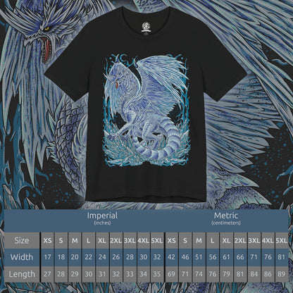 Size chart of a T-Shirt design of Velkhana from Monster Hunter, the icy Elder Dragon standing amid a frozen battlefield as jagged ice pillars erupt around its elegant form. Frost crystals spread across the ground while cold mist trails from its wings. The design captures Velkhana’s regal presence, absolute control over ice, and the deadly beauty of a creature that turns entire landscapes into frozen domains.