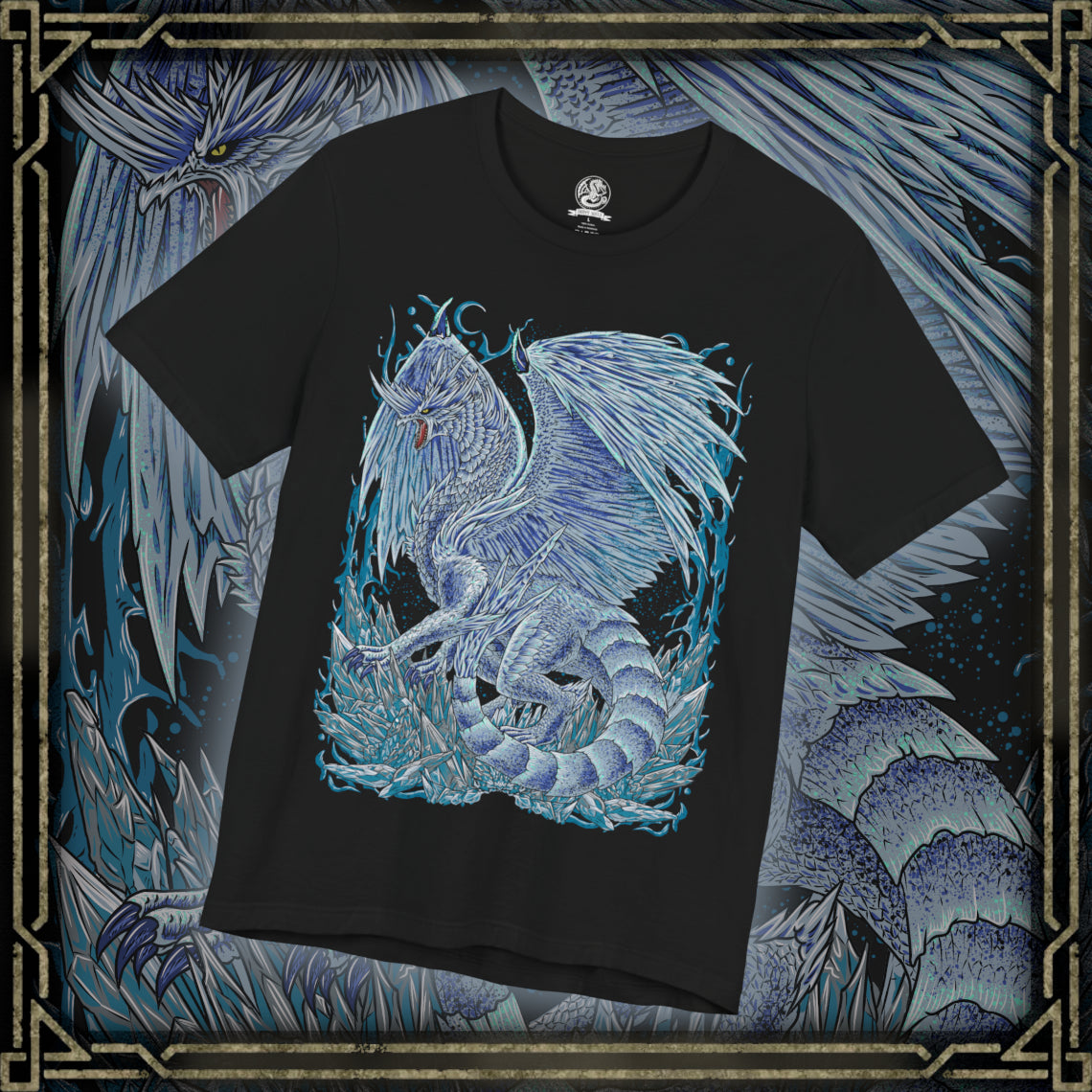 Thumbnail of a T-Shirt design of Velkhana from Monster Hunter, the icy Elder Dragon standing amid a frozen battlefield as jagged ice pillars erupt around its elegant form. Frost crystals spread across the ground while cold mist trails from its wings. The design captures Velkhana’s regal presence, absolute control over ice, and the deadly beauty of a creature that turns entire landscapes into frozen domains.