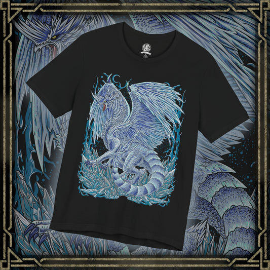 Thumbnail of a T-Shirt design of Velkhana from Monster Hunter, the icy Elder Dragon standing amid a frozen battlefield as jagged ice pillars erupt around its elegant form. Frost crystals spread across the ground while cold mist trails from its wings. The design captures Velkhana’s regal presence, absolute control over ice, and the deadly beauty of a creature that turns entire landscapes into frozen domains.
