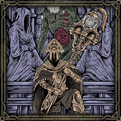 Concept Art of Velstadt the Royal Aegis. Velstadt represents the tragic honor of Drangleic’s last defenders in Dark Souls II. Once a holy knight of unmatched loyalty, he followed Vendrick into darkness and remained at his side through the kingdom’s collapse. His imposing armor, resonating bell hammer, and relentless resolve make him one of Dark Souls II’s most memorable guardians.