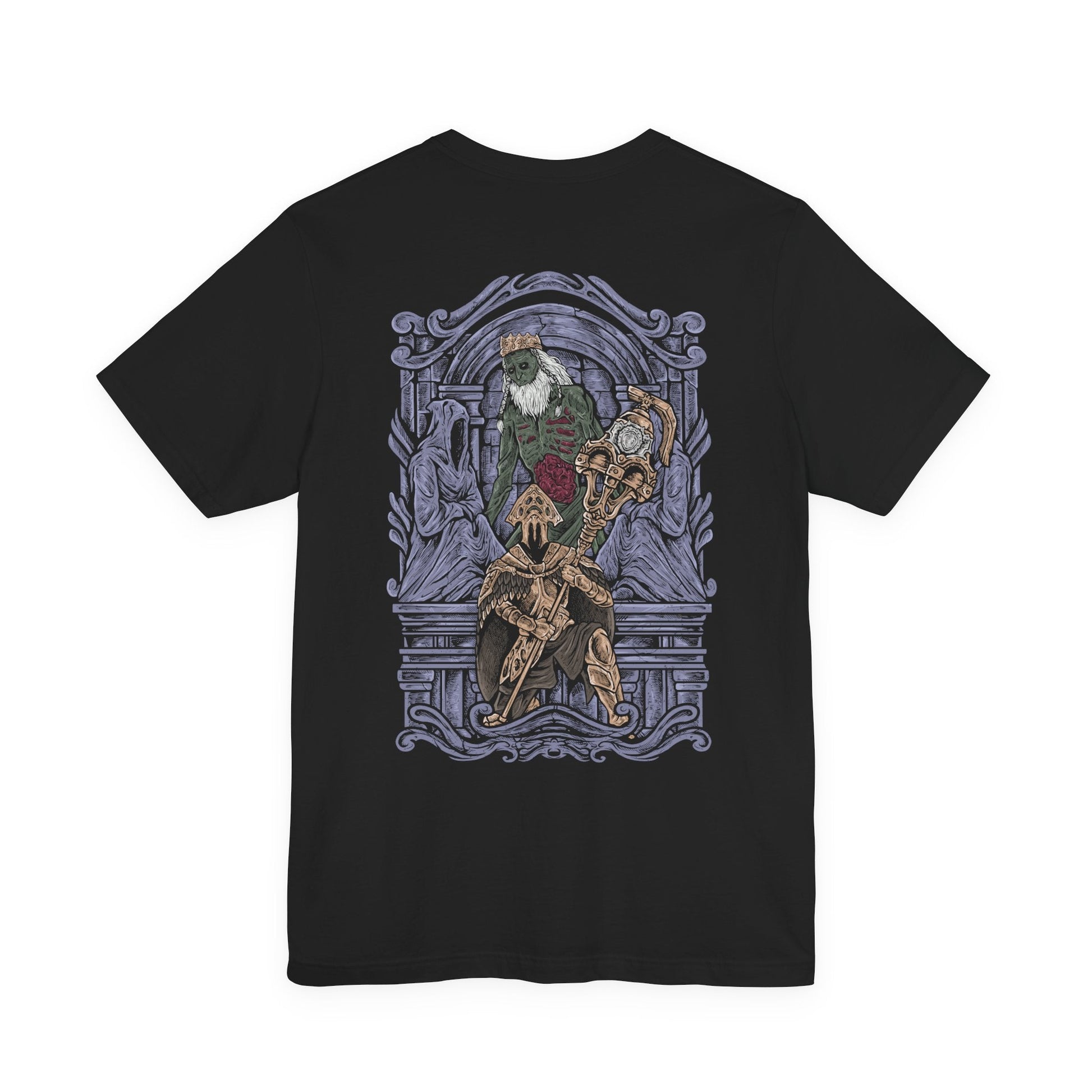 Image 5 of a T-Shirt artwork depicting Velstadt advancing through the shadowed halls of the Undead Crypt, his towering armored figure surrounded by resonating dark energy. The enormous sacred bell hammer glows with corrupted power as dust and ash rise beneath his steps. This design reflects sacrifice, loyalty, and the transformation of a noble knight into a fearsome guardian consumed by darkness.