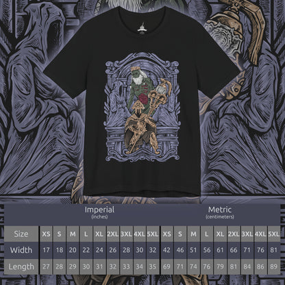 Size chart of a T-Shirt artwork depicting Velstadt advancing through the shadowed halls of the Undead Crypt, his towering armored figure surrounded by resonating dark energy. The enormous sacred bell hammer glows with corrupted power as dust and ash rise beneath his steps. This design reflects sacrifice, loyalty, and the transformation of a noble knight into a fearsome guardian consumed by darkness.