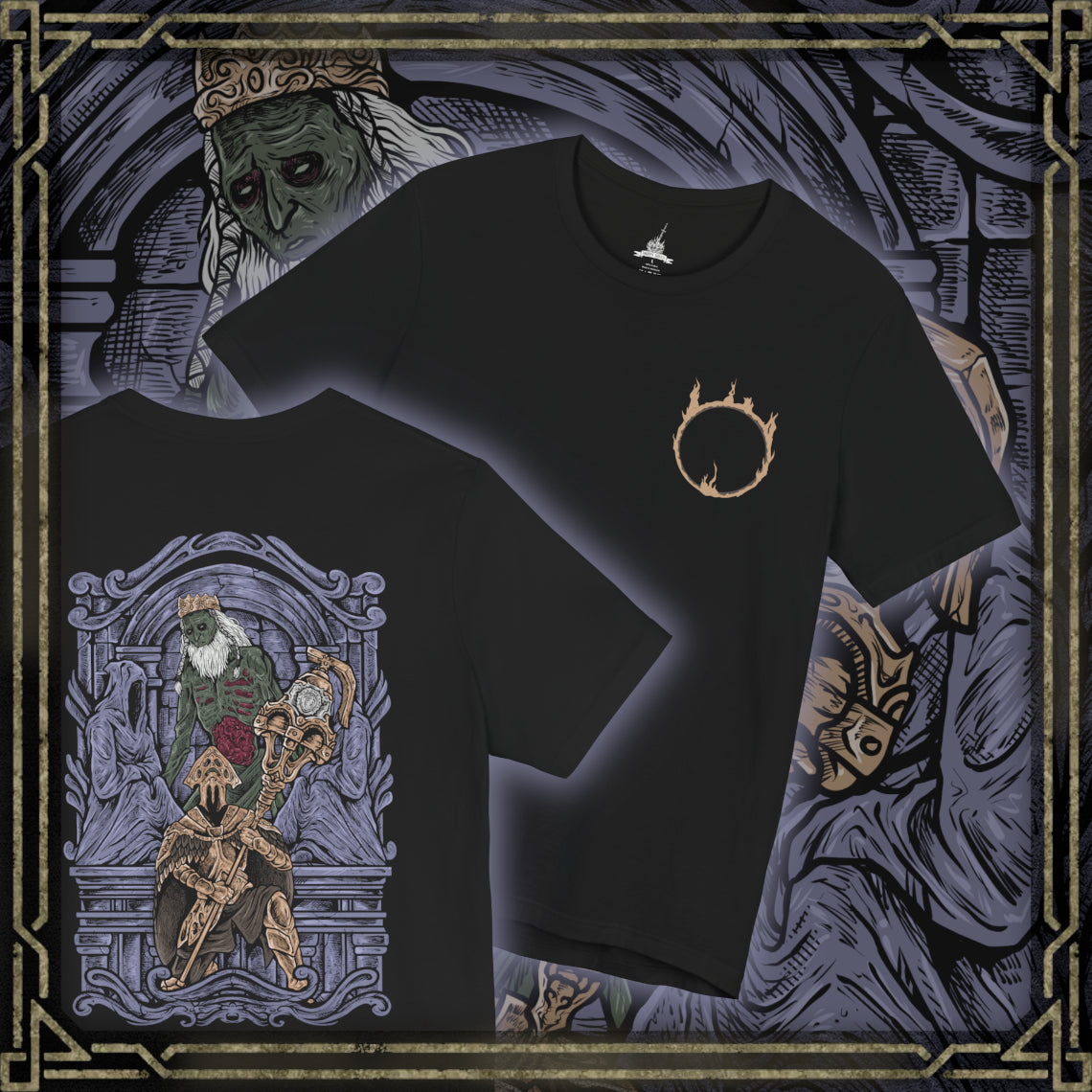 Thumbnail of a T-Shirt artwork depicting Velstadt advancing through the shadowed halls of the Undead Crypt, his towering armored figure surrounded by resonating dark energy. The enormous sacred bell hammer glows with corrupted power as dust and ash rise beneath his steps. This design reflects sacrifice, loyalty, and the transformation of a noble knight into a fearsome guardian consumed by darkness.