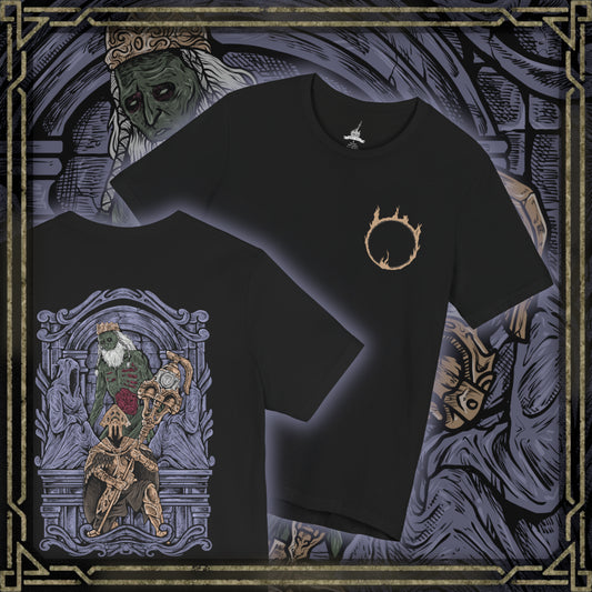 Thumbnail of a T-Shirt artwork depicting Velstadt advancing through the shadowed halls of the Undead Crypt, his towering armored figure surrounded by resonating dark energy. The enormous sacred bell hammer glows with corrupted power as dust and ash rise beneath his steps. This design reflects sacrifice, loyalty, and the transformation of a noble knight into a fearsome guardian consumed by darkness.