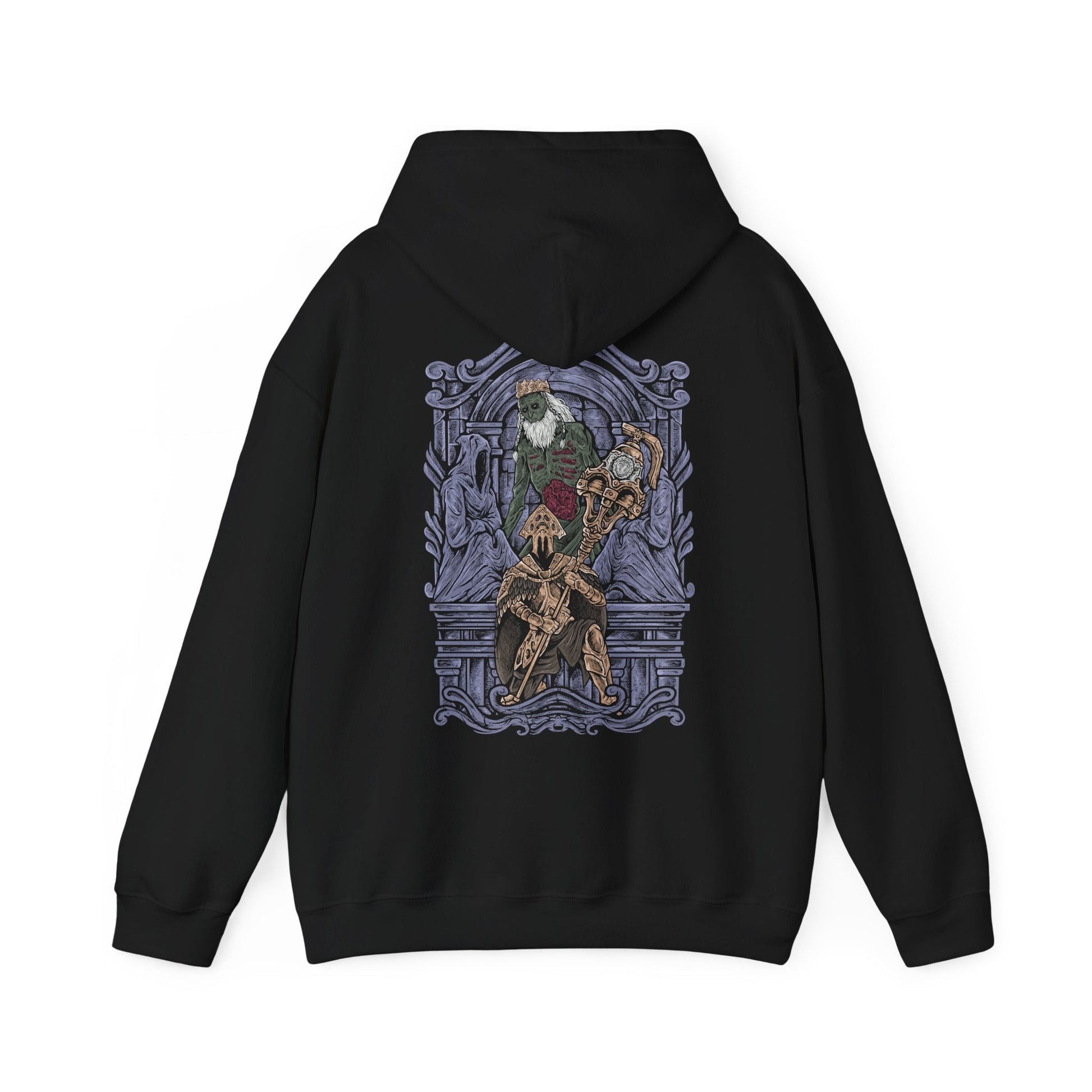 Image 5 of a Hooded Sweatshirt of Velstadt kneeling before the throne of King Vendrick, dark aura radiating from his armor while the silence of the crypt surrounds him. His massive hammer rests against shattered stone as ghostly candlelight flickers across ancient walls. The composition emphasizes devotion, ruin, and the tragic solitude of a knight who remained loyal long after his kingdom fell.