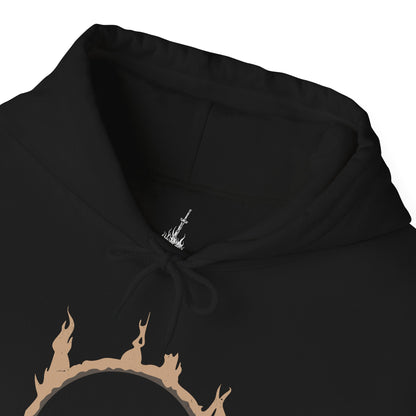 Folded Hooded Sweatshirt of Velstadt kneeling before the throne of King Vendrick, dark aura radiating from his armor while the silence of the crypt surrounds him. His massive hammer rests against shattered stone as ghostly candlelight flickers across ancient walls. The composition emphasizes devotion, ruin, and the tragic solitude of a knight who remained loyal long after his kingdom fell.