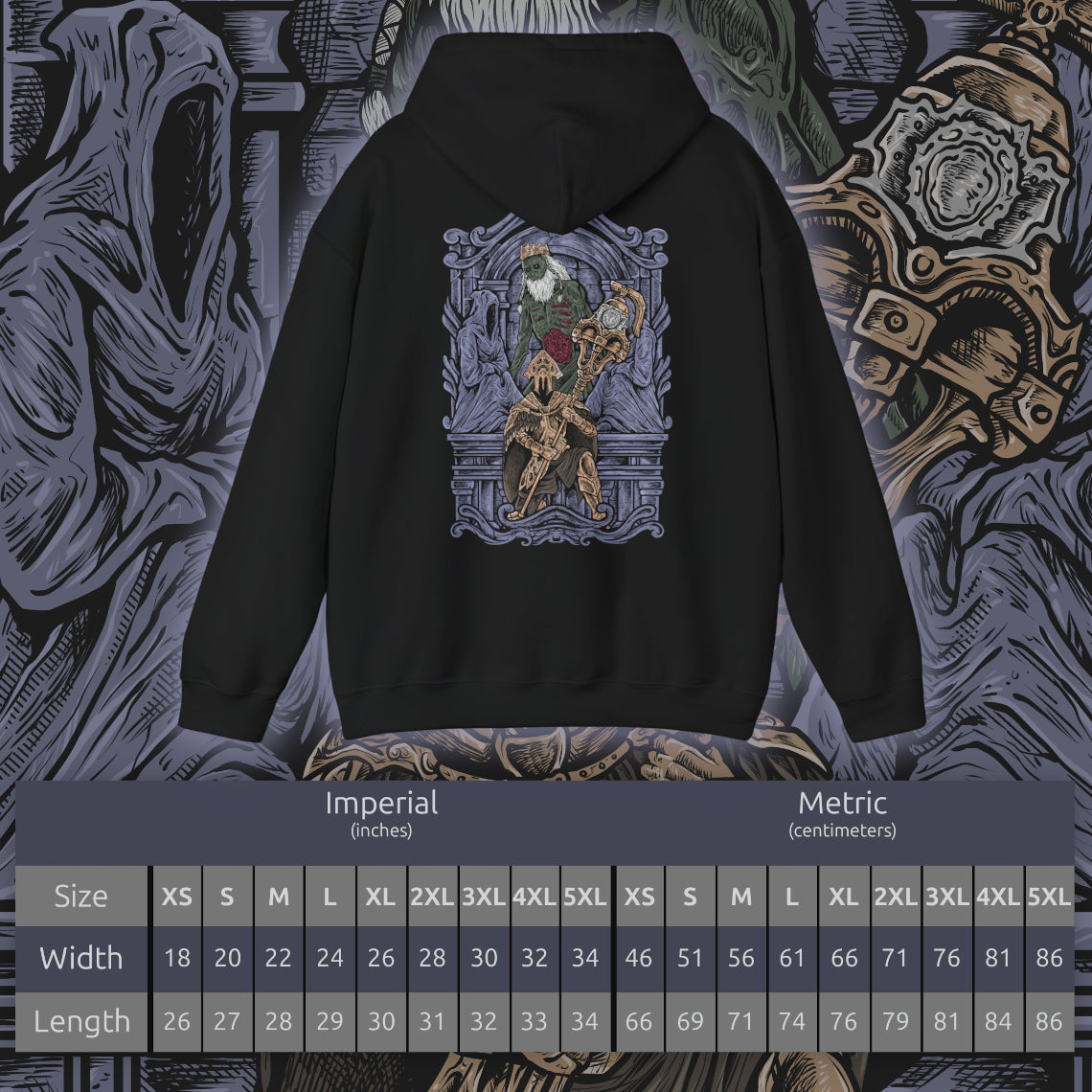Size chart of a Hooded Sweatshirt of Velstadt kneeling before the throne of King Vendrick, dark aura radiating from his armor while the silence of the crypt surrounds him. His massive hammer rests against shattered stone as ghostly candlelight flickers across ancient walls. The composition emphasizes devotion, ruin, and the tragic solitude of a knight who remained loyal long after his kingdom fell.