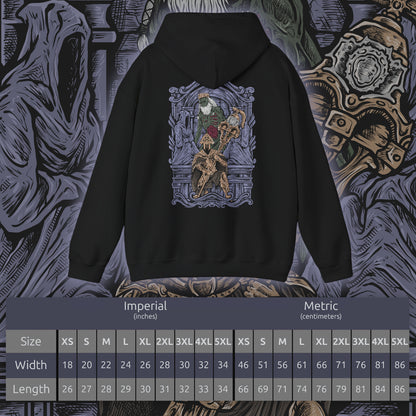 Size chart of a Hooded Sweatshirt of Velstadt kneeling before the throne of King Vendrick, dark aura radiating from his armor while the silence of the crypt surrounds him. His massive hammer rests against shattered stone as ghostly candlelight flickers across ancient walls. The composition emphasizes devotion, ruin, and the tragic solitude of a knight who remained loyal long after his kingdom fell.