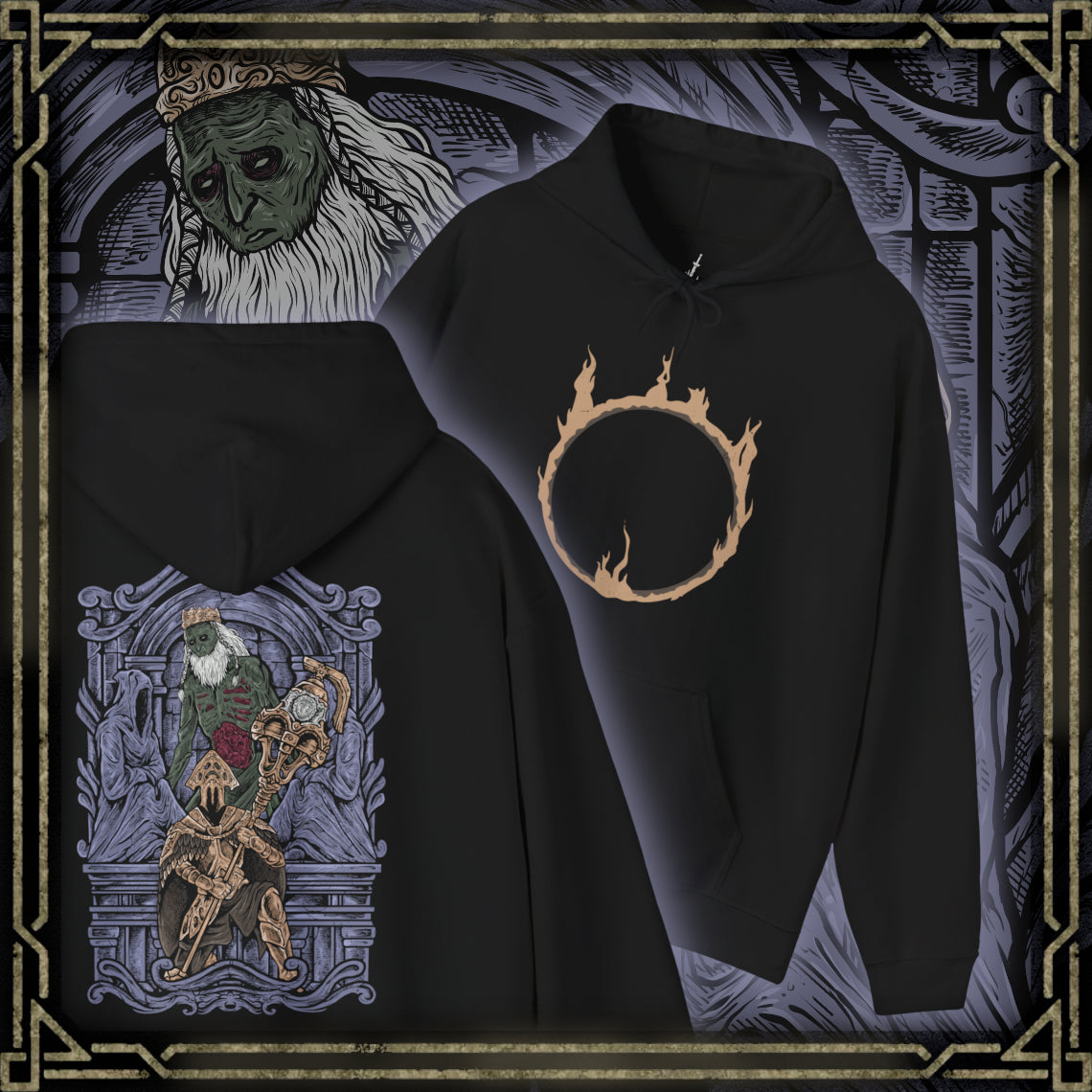 Thumbnail of a Hooded Sweatshirt of Velstadt kneeling before the throne of King Vendrick, dark aura radiating from his armor while the silence of the crypt surrounds him. His massive hammer rests against shattered stone as ghostly candlelight flickers across ancient walls. The composition emphasizes devotion, ruin, and the tragic solitude of a knight who remained loyal long after his kingdom fell.