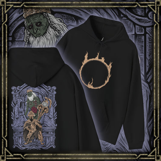 Thumbnail of a Hooded Sweatshirt of Velstadt kneeling before the throne of King Vendrick, dark aura radiating from his armor while the silence of the crypt surrounds him. His massive hammer rests against shattered stone as ghostly candlelight flickers across ancient walls. The composition emphasizes devotion, ruin, and the tragic solitude of a knight who remained loyal long after his kingdom fell.