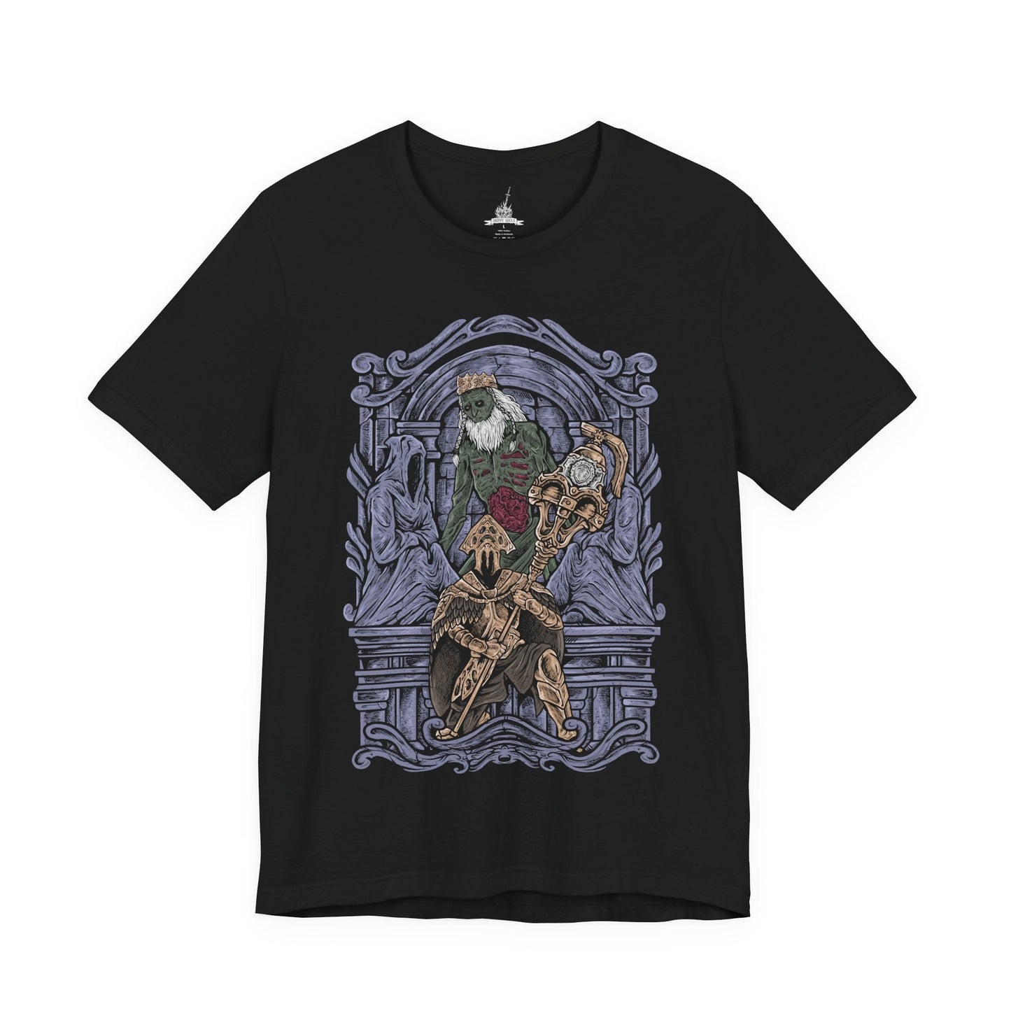 Image 4 of a T-Shirt design of Velstadt, the Royal Aegis from Dark Souls II, standing guard beside the Undead Crypt throne as dark mist coils around his massive bell hammer. His heavy black armor reflects faint purple light while candles flicker through the crypt’s endless darkness. The design captures Velstadt’s unwavering loyalty to King Vendrick and the solemn duty that bound him to eternal vigilance.