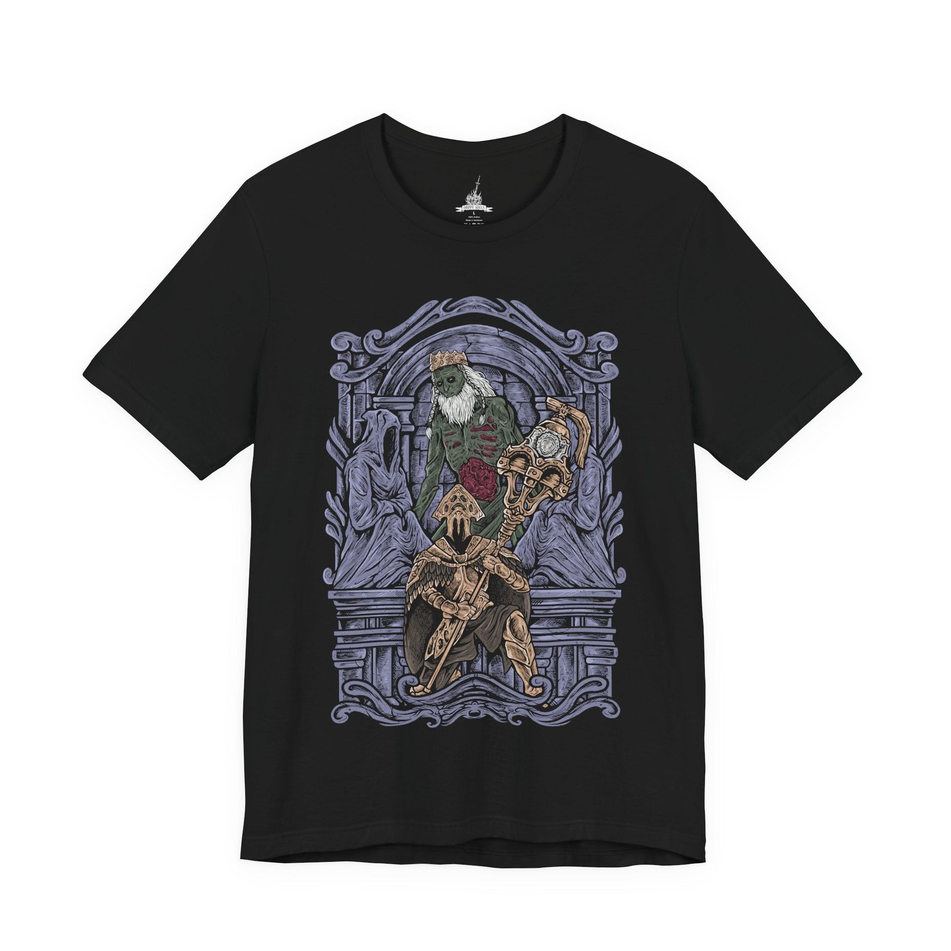Image 4 of a T-Shirt design of Velstadt, the Royal Aegis from Dark Souls II, standing guard beside the Undead Crypt throne as dark mist coils around his massive bell hammer. His heavy black armor reflects faint purple light while candles flicker through the crypt’s endless darkness. The design captures Velstadt’s unwavering loyalty to King Vendrick and the solemn duty that bound him to eternal vigilance.
