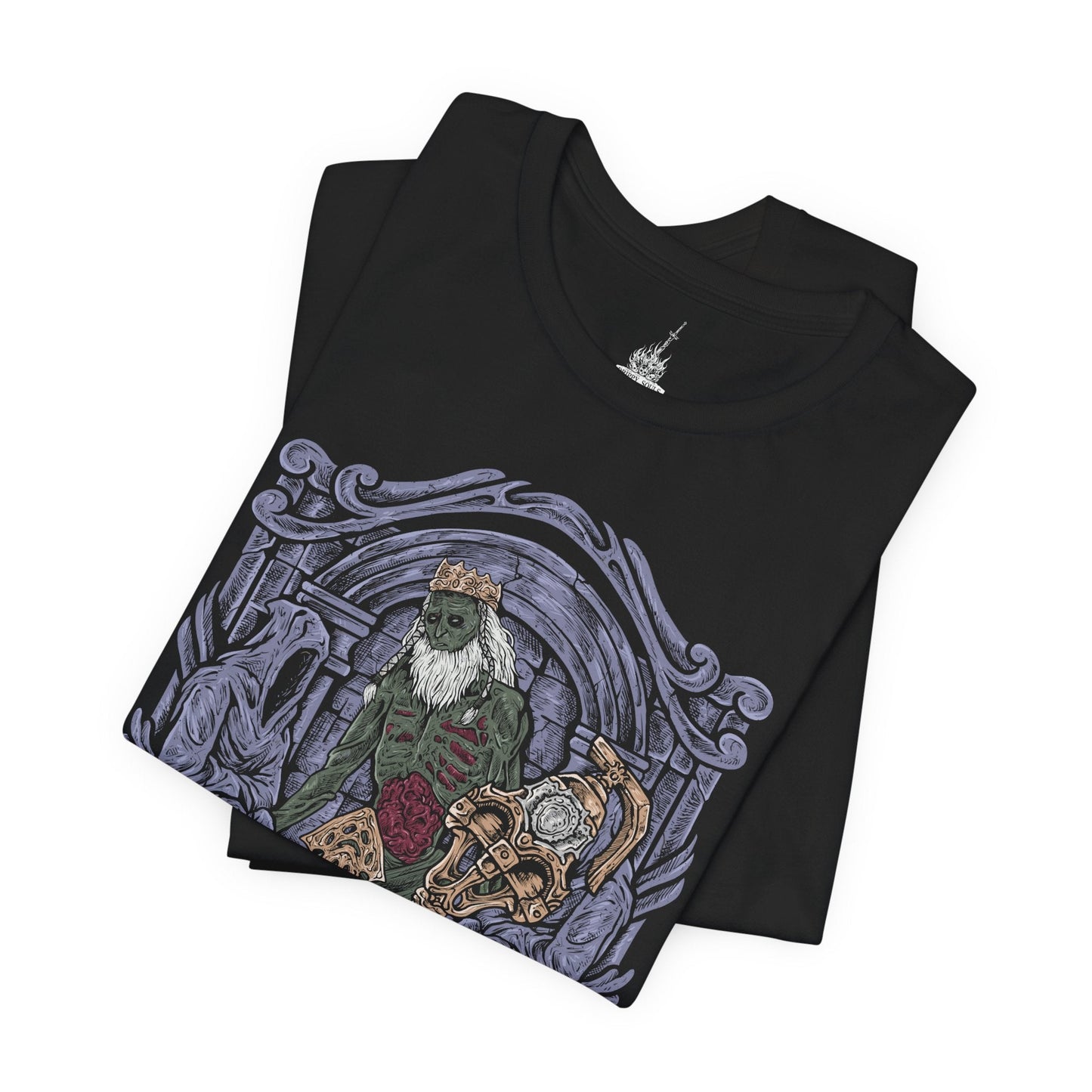 Image 5 of a T-Shirt design of Velstadt, the Royal Aegis from Dark Souls II, standing guard beside the Undead Crypt throne as dark mist coils around his massive bell hammer. His heavy black armor reflects faint purple light while candles flicker through the crypt’s endless darkness. The design captures Velstadt’s unwavering loyalty to King Vendrick and the solemn duty that bound him to eternal vigilance.