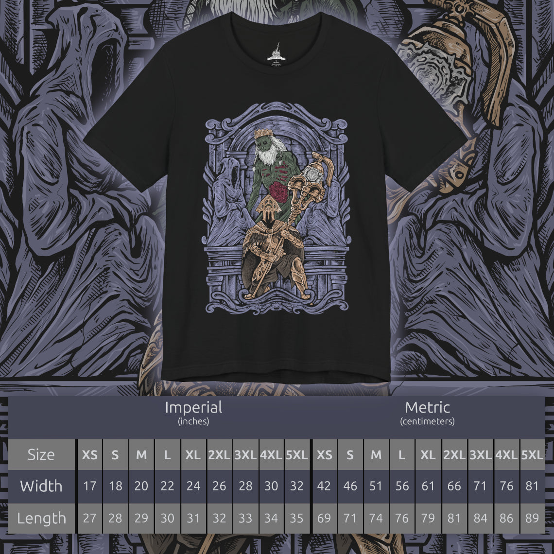 Size chart of a T-Shirt design of Velstadt, the Royal Aegis from Dark Souls II, standing guard beside the Undead Crypt throne as dark mist coils around his massive bell hammer. His heavy black armor reflects faint purple light while candles flicker through the crypt’s endless darkness. The design captures Velstadt’s unwavering loyalty to King Vendrick and the solemn duty that bound him to eternal vigilance.