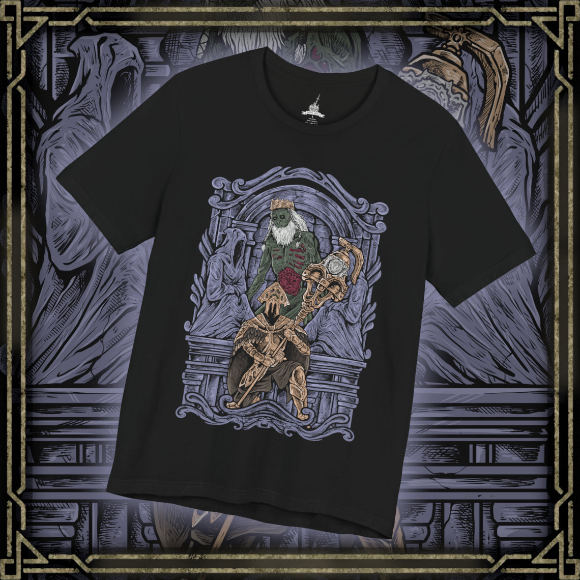 Thumbnail of a T-Shirt design of Velstadt, the Royal Aegis from Dark Souls II, standing guard beside the Undead Crypt throne as dark mist coils around his massive bell hammer. His heavy black armor reflects faint purple light while candles flicker through the crypt’s endless darkness. The design captures Velstadt’s unwavering loyalty to King Vendrick and the solemn duty that bound him to eternal vigilance.