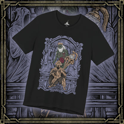 Thumbnail of a T-Shirt design of Velstadt, the Royal Aegis from Dark Souls II, standing guard beside the Undead Crypt throne as dark mist coils around his massive bell hammer. His heavy black armor reflects faint purple light while candles flicker through the crypt’s endless darkness. The design captures Velstadt’s unwavering loyalty to King Vendrick and the solemn duty that bound him to eternal vigilance.
