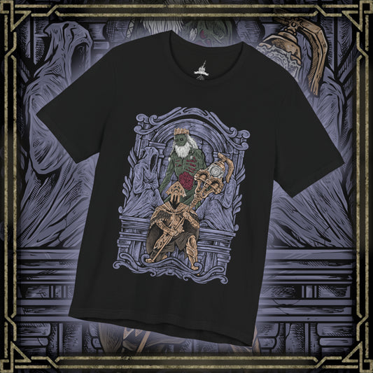 Thumbnail of a T-Shirt design of Velstadt, the Royal Aegis from Dark Souls II, standing guard beside the Undead Crypt throne as dark mist coils around his massive bell hammer. His heavy black armor reflects faint purple light while candles flicker through the crypt’s endless darkness. The design captures Velstadt’s unwavering loyalty to King Vendrick and the solemn duty that bound him to eternal vigilance.