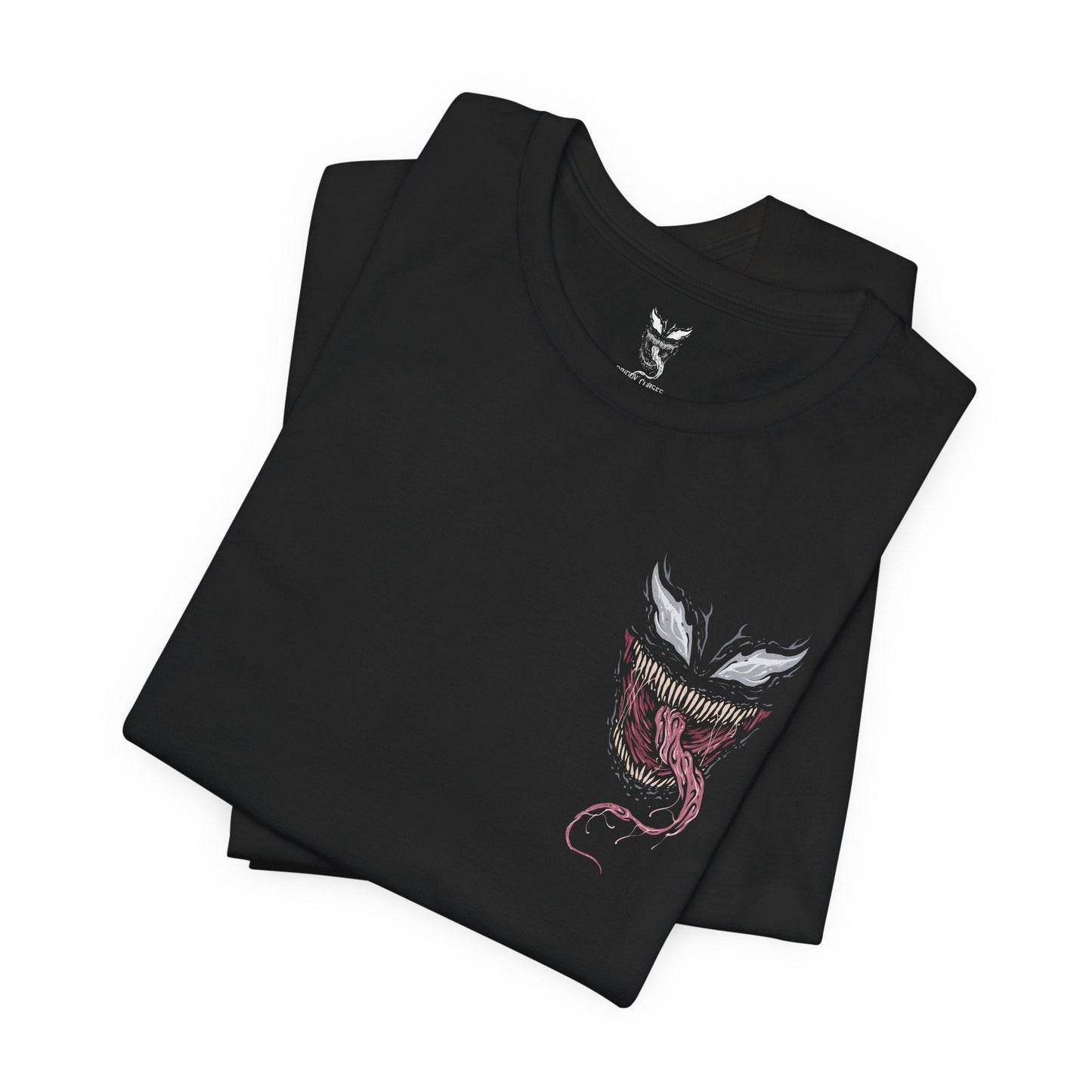 Image 6 of a T-Shirt artwork depicting Venom lunging from the shadows with claws extended, black symbiote tendrils whipping through the air around him. Rain falls across a dark city skyline while his white spider emblem glows against the living suit. This design reflects raw aggression, chaotic strength, and the relentless hunger that makes Venom one of Marvel’s most iconic antiheroes.