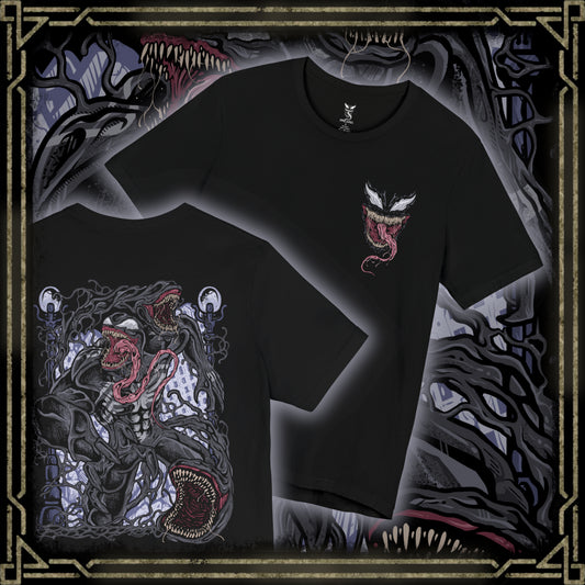 Thumbnail of a T-Shirt artwork depicting Venom lunging from the shadows with claws extended, black symbiote tendrils whipping through the air around him. Rain falls across a dark city skyline while his white spider emblem glows against the living suit. This design reflects raw aggression, chaotic strength, and the relentless hunger that makes Venom one of Marvel’s most iconic antiheroes.