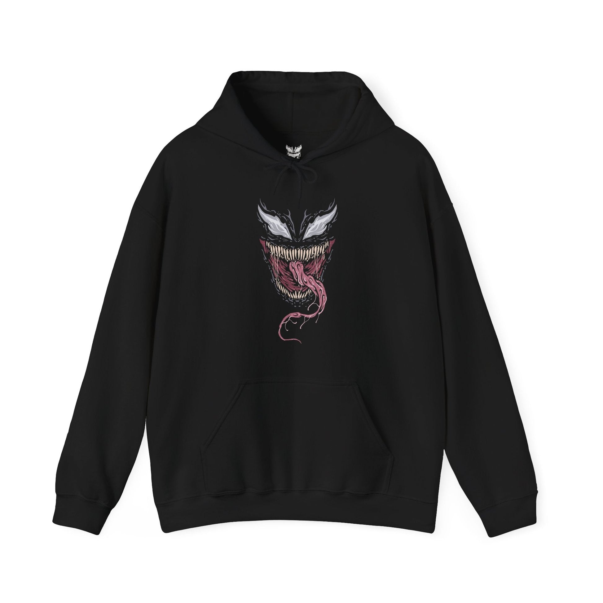Image 4 of a Hooded Sweatshirt of Venom standing atop a gothic city rooftop at night, muscular frame covered in shifting symbiote texture as lightning flashes behind him. His jagged grin and enormous fangs create a terrifying silhouette against the storm. The composition emphasizes brutality, alien corruption, and the overwhelming presence of a creature driven by rage and instinct.