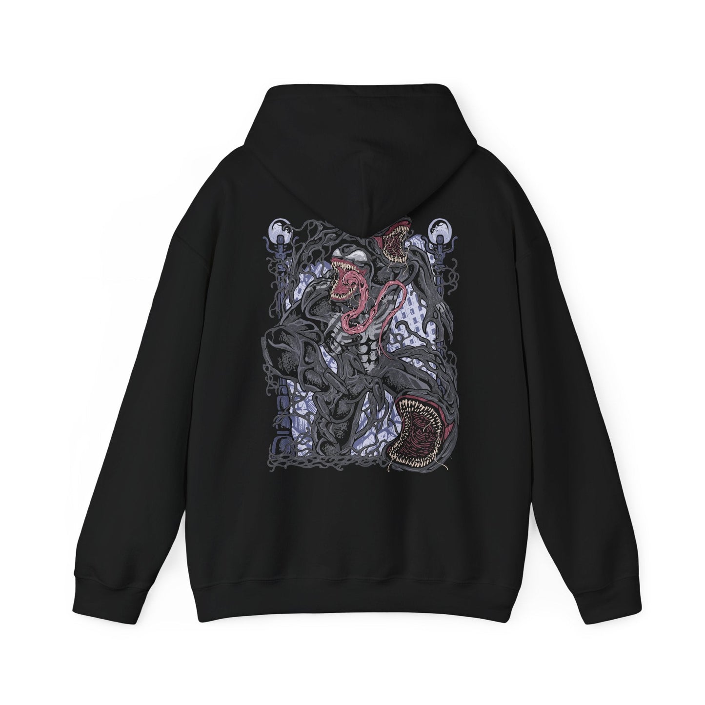 Image 5 of a Hooded Sweatshirt of Venom standing atop a gothic city rooftop at night, muscular frame covered in shifting symbiote texture as lightning flashes behind him. His jagged grin and enormous fangs create a terrifying silhouette against the storm. The composition emphasizes brutality, alien corruption, and the overwhelming presence of a creature driven by rage and instinct.