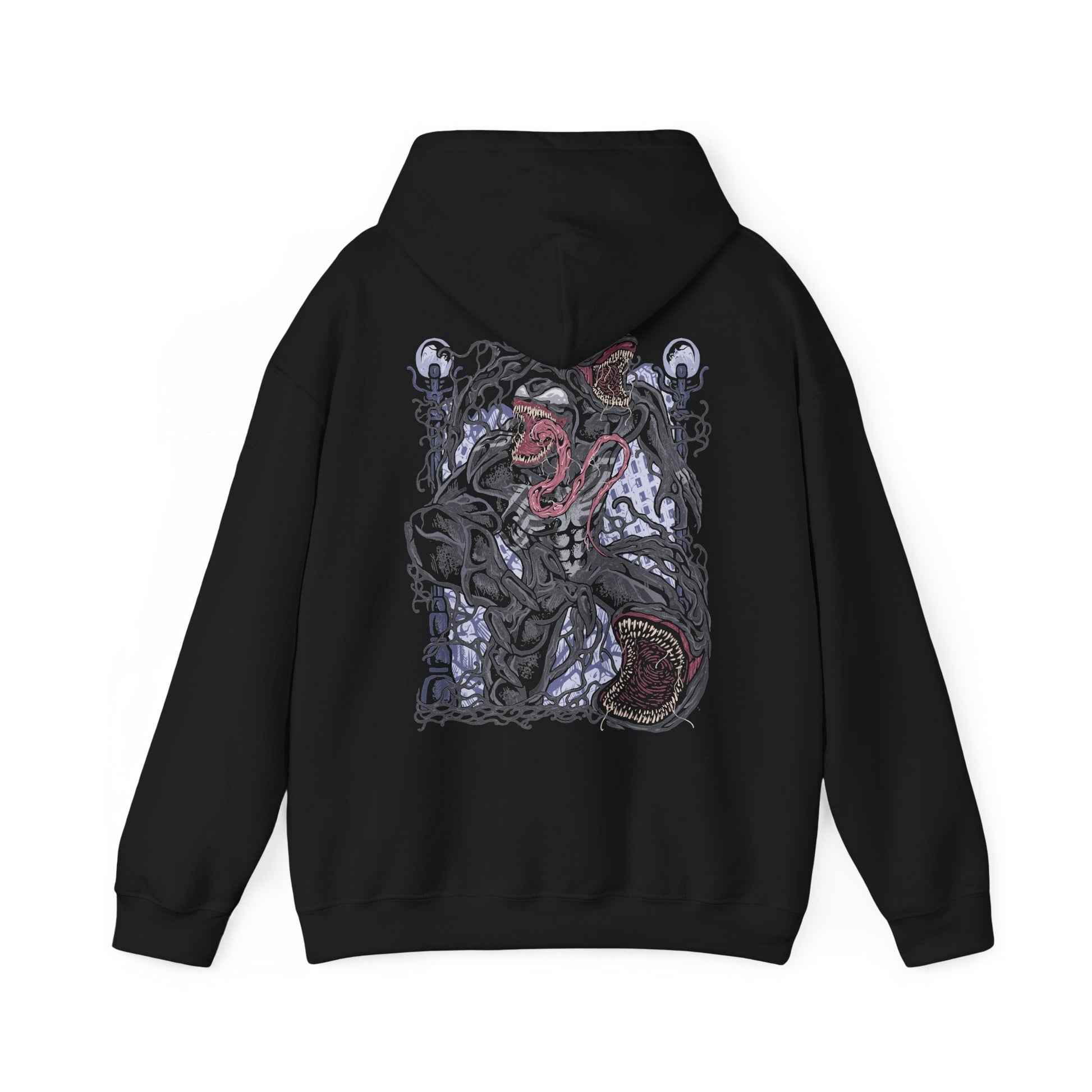 Image 5 of a Hooded Sweatshirt of Venom standing atop a gothic city rooftop at night, muscular frame covered in shifting symbiote texture as lightning flashes behind him. His jagged grin and enormous fangs create a terrifying silhouette against the storm. The composition emphasizes brutality, alien corruption, and the overwhelming presence of a creature driven by rage and instinct.