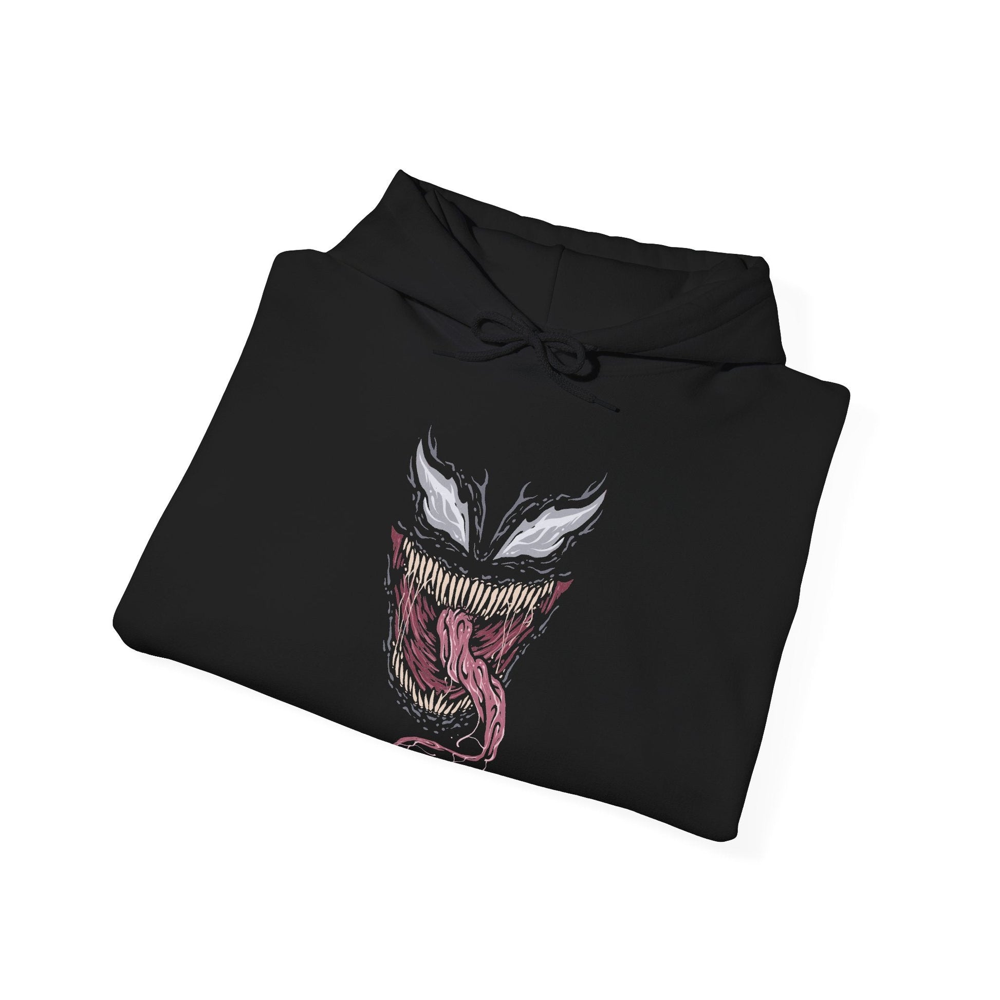 Image 6 of a Hooded Sweatshirt of Venom standing atop a gothic city rooftop at night, muscular frame covered in shifting symbiote texture as lightning flashes behind him. His jagged grin and enormous fangs create a terrifying silhouette against the storm. The composition emphasizes brutality, alien corruption, and the overwhelming presence of a creature driven by rage and instinct.