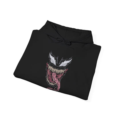 Image 6 of a Hooded Sweatshirt of Venom standing atop a gothic city rooftop at night, muscular frame covered in shifting symbiote texture as lightning flashes behind him. His jagged grin and enormous fangs create a terrifying silhouette against the storm. The composition emphasizes brutality, alien corruption, and the overwhelming presence of a creature driven by rage and instinct.