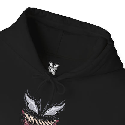 Folded Hooded Sweatshirt of Venom standing atop a gothic city rooftop at night, muscular frame covered in shifting symbiote texture as lightning flashes behind him. His jagged grin and enormous fangs create a terrifying silhouette against the storm. The composition emphasizes brutality, alien corruption, and the overwhelming presence of a creature driven by rage and instinct.