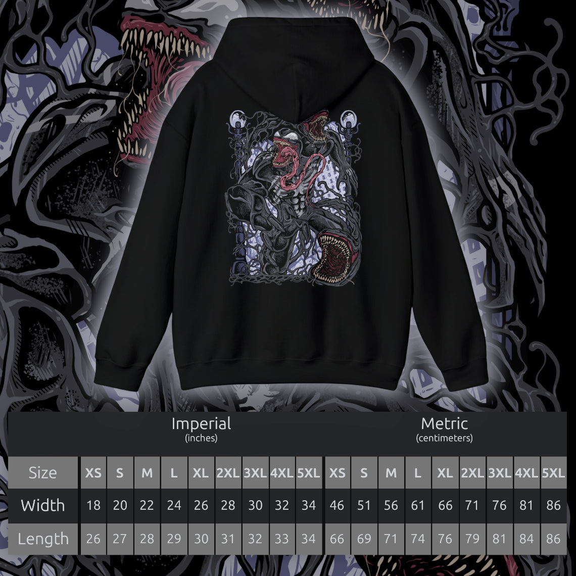 Size chart of a Hooded Sweatshirt of Venom standing atop a gothic city rooftop at night, muscular frame covered in shifting symbiote texture as lightning flashes behind him. His jagged grin and enormous fangs create a terrifying silhouette against the storm. The composition emphasizes brutality, alien corruption, and the overwhelming presence of a creature driven by rage and instinct.
