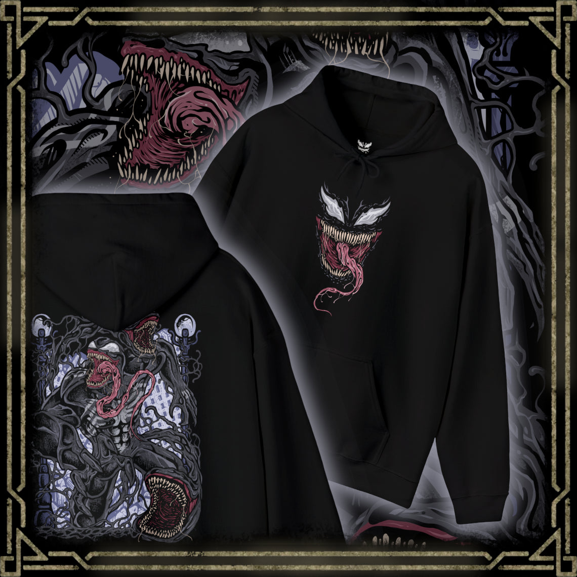 Thumbnail of a Hooded Sweatshirt of Venom standing atop a gothic city rooftop at night, muscular frame covered in shifting symbiote texture as lightning flashes behind him. His jagged grin and enormous fangs create a terrifying silhouette against the storm. The composition emphasizes brutality, alien corruption, and the overwhelming presence of a creature driven by rage and instinct.