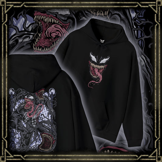 Thumbnail of a Hooded Sweatshirt of Venom standing atop a gothic city rooftop at night, muscular frame covered in shifting symbiote texture as lightning flashes behind him. His jagged grin and enormous fangs create a terrifying silhouette against the storm. The composition emphasizes brutality, alien corruption, and the overwhelming presence of a creature driven by rage and instinct.