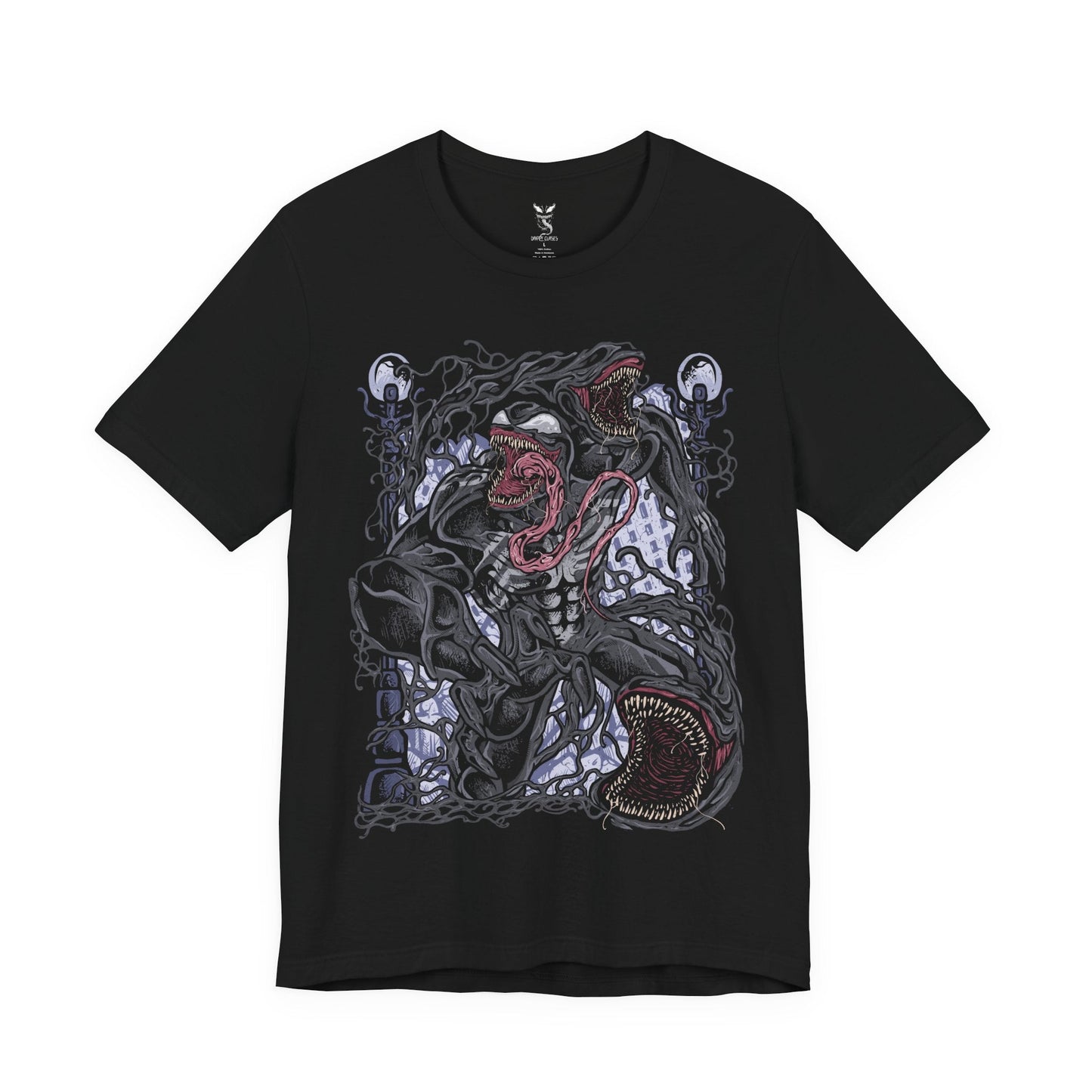 Image 4 of a T-Shirt design of Venom from Marvel, towering in darkness as the black symbiote stretches across his massive muscular body. Sharp teeth glisten beneath glowing eyes while his long tongue curls outward, dripping saliva onto cracked pavement below. The design captures Venom’s monstrous power, predatory nature, and the terrifying fusion between alien symbiote and human host.