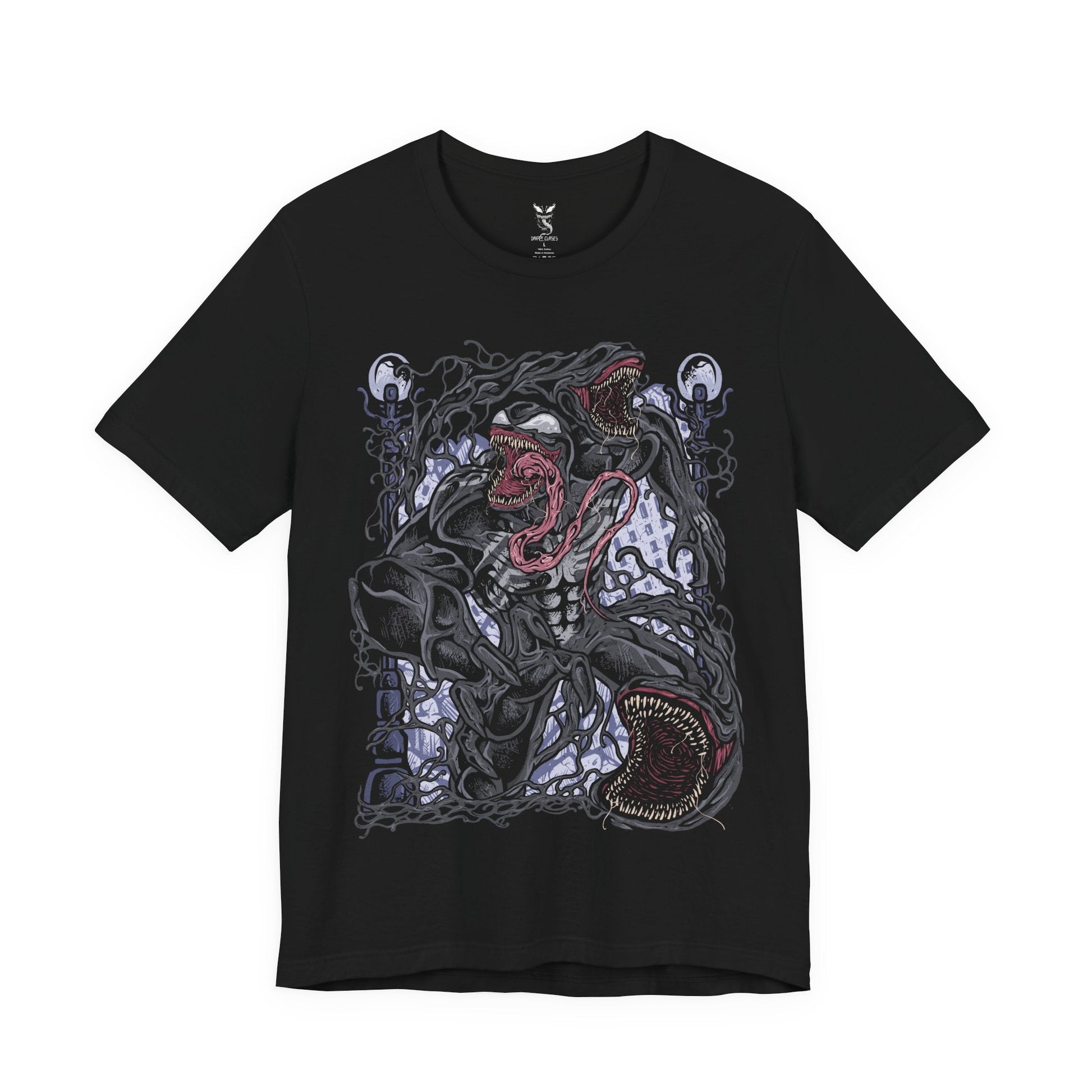 Image 4 of a T-Shirt design of Venom from Marvel, towering in darkness as the black symbiote stretches across his massive muscular body. Sharp teeth glisten beneath glowing eyes while his long tongue curls outward, dripping saliva onto cracked pavement below. The design captures Venom’s monstrous power, predatory nature, and the terrifying fusion between alien symbiote and human host.
