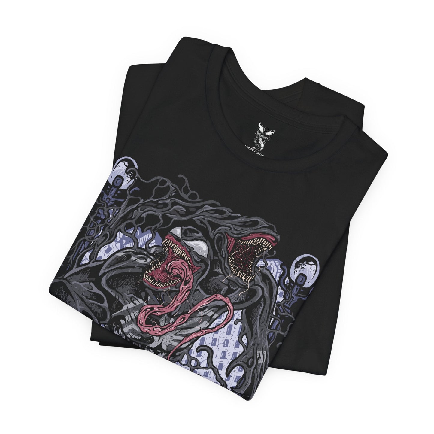 Image 5 of a T-Shirt design of Venom from Marvel, towering in darkness as the black symbiote stretches across his massive muscular body. Sharp teeth glisten beneath glowing eyes while his long tongue curls outward, dripping saliva onto cracked pavement below. The design captures Venom’s monstrous power, predatory nature, and the terrifying fusion between alien symbiote and human host.