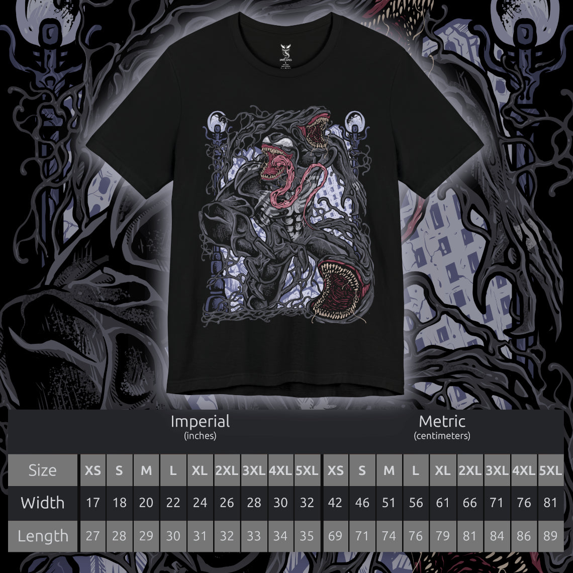 Size chart of a T-Shirt design of Venom from Marvel, towering in darkness as the black symbiote stretches across his massive muscular body. Sharp teeth glisten beneath glowing eyes while his long tongue curls outward, dripping saliva onto cracked pavement below. The design captures Venom’s monstrous power, predatory nature, and the terrifying fusion between alien symbiote and human host.