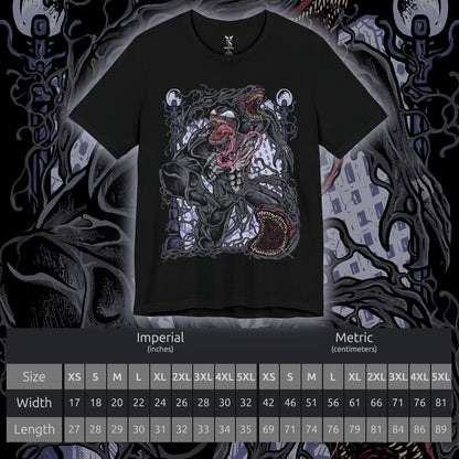 Size chart of a T-Shirt design of Venom from Marvel, towering in darkness as the black symbiote stretches across his massive muscular body. Sharp teeth glisten beneath glowing eyes while his long tongue curls outward, dripping saliva onto cracked pavement below. The design captures Venom’s monstrous power, predatory nature, and the terrifying fusion between alien symbiote and human host.